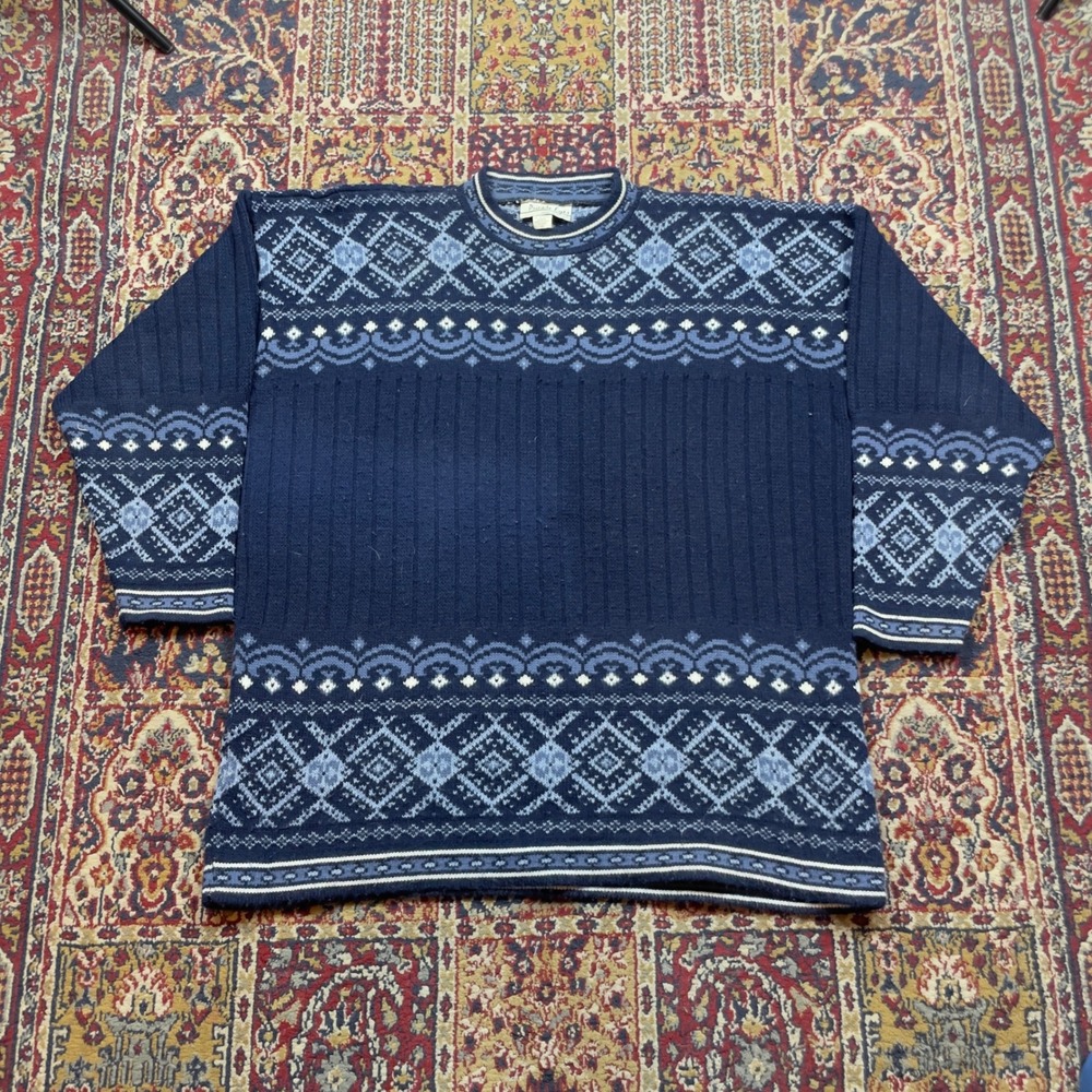 VTG 80s 90s Private Eyes Blue White Fair Isle Knit Sweater 2XL oversized ski USA